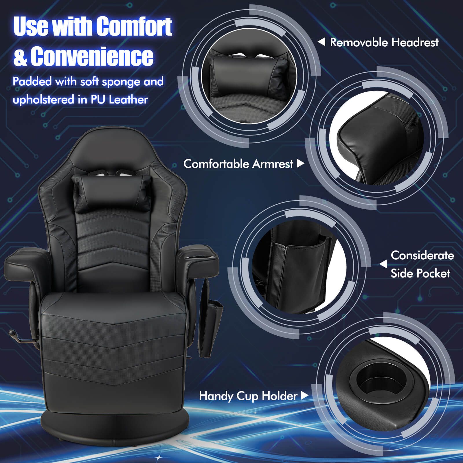 Electric Massage Gaming Chair with Cup Holder and Side Pouch Black